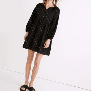 New Madewell Button-Front Tie-Waist Mini Dress Black Square Spot Print NWT